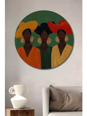 Teona Ahşap Büyüleyici Üçlü Kadın Portresi Yağlı Boya Görünümlü Ahşap Dekoratif Tablo Yuvarlak Duvar Tablosu