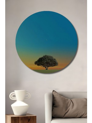 Teona Ahşap Yalnız Ağaç Manzarası Sulu Boya Görünümlü Dekoratif Ahşap Tablo Yuvarlak Duvar Tablosu