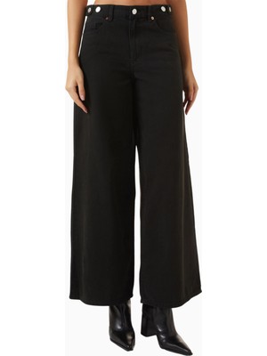 Yaslami Geniş Paça Denim Pantolon, Yüksek Bel ve Koyu Kahverengi