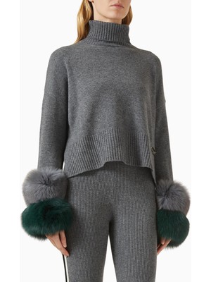 Izaak Azanei Cropped Polo Sweater, Şık ve Lüks Kadın Yün-Kaşmir Kazak, Kürk Detaylı