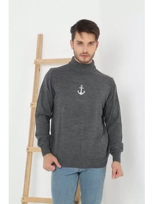 Demir Grup cc Unisex Yarım Boğazlı Baskılı Dokuma Triko - Füme