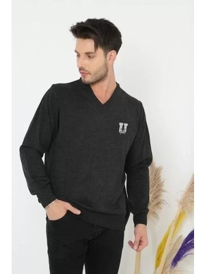 Demir Grup cc Baskılı V Yaka Uzun Kol Dokuma Triko - Füme