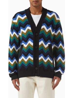 Missoni Pamuk Karışımlı Örgü Chevron Hırka, Çok Renkli, Şerit Desenli, Ön Düğmeli ve Yan Cepli