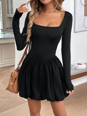 Demir Grup cc Kadın Uzun Kollu Kare Yaka Mini Balon Modal Elbise