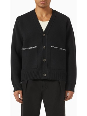Maniere De Voir Whipstitch Cardigan, Siyah Penye Pamuk, V Yakalı, Ön Düğmeli ve Dikiş Detaylı