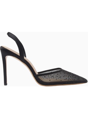 Rada 100 Siyah File Kristal Taşlı, Slingback Stiletto Topuklu Ayakkabı, Şık ve Zarif
