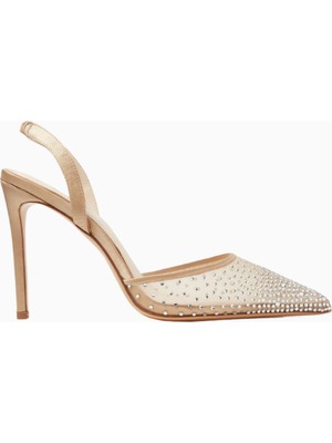 Rada 100 Kristal Taşlı, File ve Saten Slingback Şık ve Zarif Topuklu Ayakkabı
