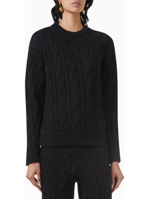 Roundneck Sweater, Lüks Yün Örgü Rahat ve Zamansız Siyah Triko