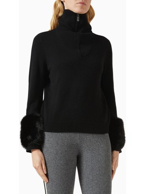 Izaak Azanei Zip-Up Faux Cuff Sweater, Siyah Şık ve Lüks Kadın Yün-Kaşmir Kazak