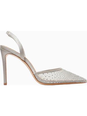 Rada 100 Kristal Taşlı, File ve Saten Slingback Şık ve Zarif Topuklu Ayakkabı