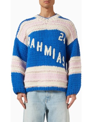 Nahmias Yün Örgülü Hokey Kazak, Mavi & Pembe, El Dikişli Detaylar ve Merino Yünü ile