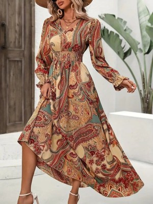 Demir Grup cc Kadın Uzun Kollu V Yakalı Beli Lastikli Desenli Süprem Elbise