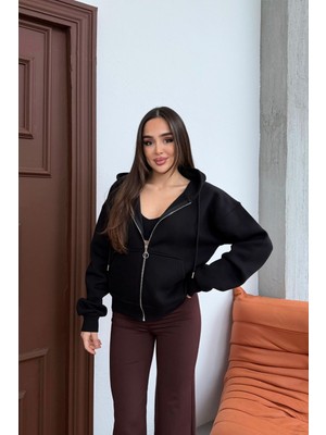 Mezka Kadın Kapüşonlu Bağcıklı Sweatshirt Fermuarlı 3 Iplik Şardonlu Rahat Kesim