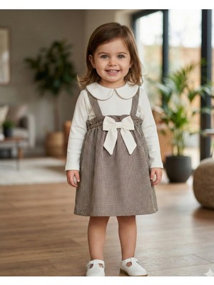 Asliva Fashion Asliva Kız Bebek Kahve Kazayağı Desenli Fiyonklu Salopet Elbise ve Bebe Yaka Bluz 2'li Takım