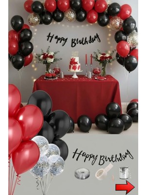 Baloncu Dede Kırmızı Siyah Gümüş Konfetili Metalik Balon Seti Siyah Happy Birthday Yazısı Doğum Günü Süsleme Konsepti