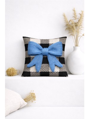 Ases Design 3D Mavi Fiyonk Detaylı Ekose Desenli Dekoratif Kırlent Kılıfı (45X45 Cm)