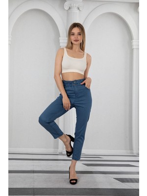Comstar Kadın Bel Lastikli Yüksek Bel Ince Kumaş Kot Pantolon