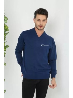 Demir Grup cc Baskılı V Yaka Uzun Kol Dokuma Triko - Indigo