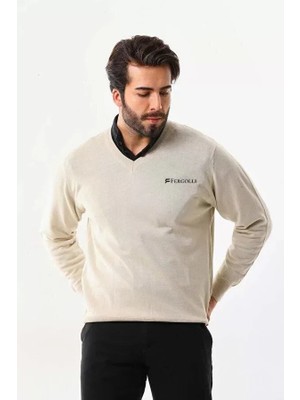 Demir Grup cc Baskılı V Yaka Uzun Kol Dokuma Triko - Bej