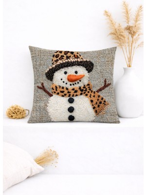 Ases Design Leopar Detaylı 3D Kardan Adam Dekoratif Kırlent Kılıfı (45X45 Cm)