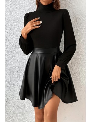 Demir Grup cc Kadın Uzun Kollu Balıkçı Yaka üst Kaşkorse Alt Deri Detaylı Mini Elbise