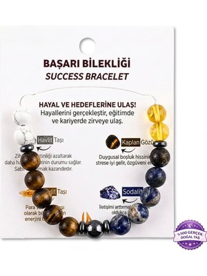 Taşmir Doğal Taş Başarı Bilekliği – Kaplan Gözü, Sodalit, Havlit ve Sitrin | Esnek Misinalı