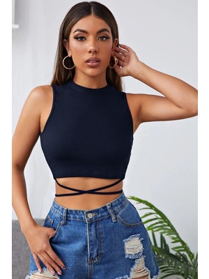 Kadın Lacivert Çapraz Bağlamalı Crop Top Büstiyer