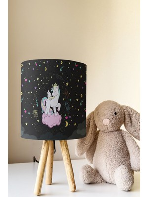 Talia Home Siyah Unicorn Desenli Çocuk Odası Abajur Masa Lambası TLAB-077