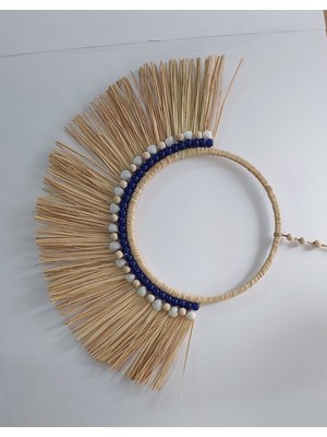 Bh Bohem Handmade Doğal Rafya Lacivert Boncuk ve Deniz Kabuklu Yelpaze