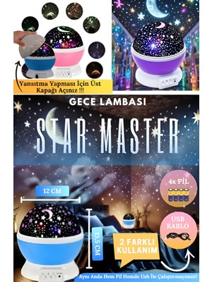 PremiumPort Renkli Yıldızlı Gökyüzü Projektör Gece Lambası - Mavi Renkli