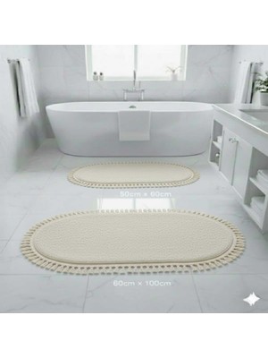 Altun Carpet 2li Banyo Paspası Oval Ponpon Saçaklı Modern Ponpon Saçaklı 60X100+50X60