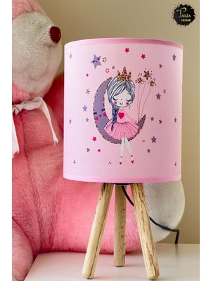 Talia Home Pembe Ay'da Oturan Kız Desenli Çocuk Odası Abajur Masa Lambası TLAB-280