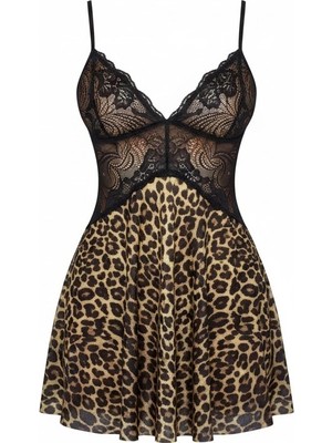 Biçomi Bicomi Özel Tasarım Leopar Desenli Ince Askılı Dantel Işlemeli Göğüs Dekolteli Mini Gecelik