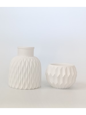 Minimal Taş Tozu Vazo ve Tealight Mumluk Seti | Beyaz Dekoratif Ikili