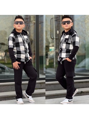 Burçak Butik Erkek Çocuk Kışlık Kapüşonlü Oduncu Gömlek-Şardonlu Likralı Pantolon Alt Üst 2'li Takım - Bayramlık