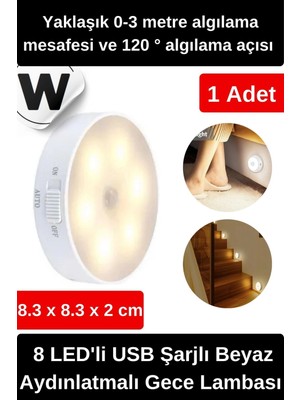 Wonara Özel Tasarım Mıknatıslı 3 Modlu Hareket Sensörlü 8 Led'li USB Şarjlı Beyaz Aydınlatmalı Gece Lambası