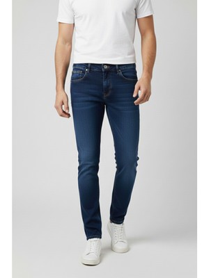 Deepsea Lacivert Likralı Dar Kesim Taşlanmış Kot Pantolon Slim Fit Erkek Jean Fermuarlı Kapama 2608444