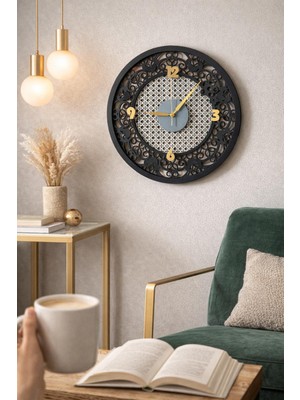 Nera Tasarım Hazeran Desenli Yuvarlak Siyah-Krem Duvar Saati 40X40 cm | Dekoratif, Modern Salon Saati