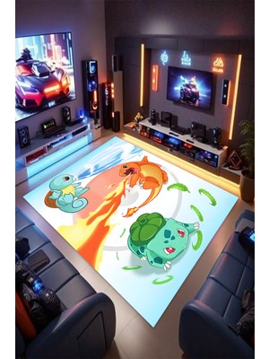Reyhani Pokemon-2 Desenli Kaymaz Taban Makinede Yıkanabilir Gaming Oyuncu Gamer Genç Odası Halısı