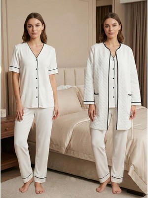 Dvina Effortt Lohusa Sabahlıklı Kısa Kollu Pijama Takımı Ekru - 7078