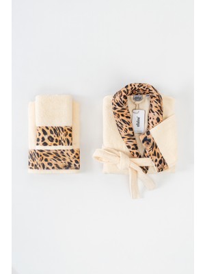 Ellaline Leopar Desenli Bornoz Takımı %100 Pamuk Sertifikalı, 3 Parça, Krem Renk