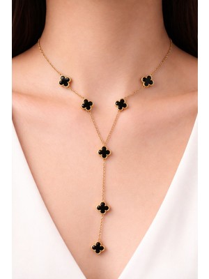 Saros Teknoloji Siyah Mineli Sekiz Yoncalı Y Kolye - Çelik