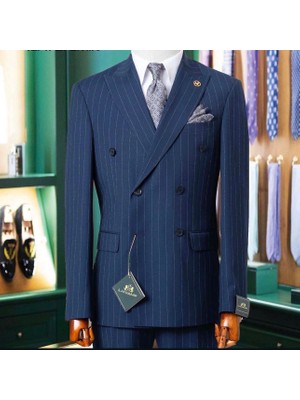 İlayda Emir Kırlangıç Yaka, Kruvaze, 6 Drop, Slimfit, 6 Düğmeli, Çizgili Erkek Takım Elbise,lacivert