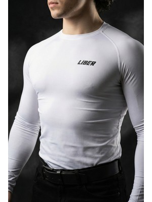 Liber Premium Uzun Kollu Compression T-Shirt - Beyaz Sporcu Tişörtü - Muscle Fit Vücudu Saran