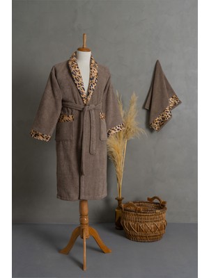 Ellaline Leopar Desenli Bornoz Takımı %100 Pamuk Sertifikalı, 2 Parça, Bej Renk