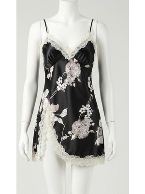 Biçomi Bicomi Özel Tasarım Çiçek Desenli Ince Askılı Dantel Işlemeli Sırt Dekolteli Siyah Mini Saten Gecelik