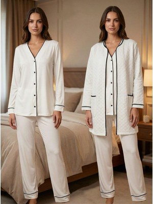 Dvina Effortt Lohusa Sabahlıklı Uzun Kollu Pijama Takımı Ekru - 7079