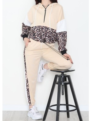 f.kereci Kadın 2 Iplik Leopar Detaylı Eşofman Takımı -Bej
