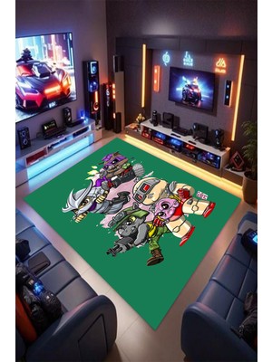 Reyhani Ninja Kaplumbağalar Desenli Kaymaz Taban Makinede Yıkanabilir Gaming Oyuncu Gamer Genç Odası Halısı