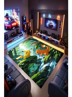 Reyhani Pokemon-1 Desenli Kaymaz Taban Makinede Yıkanabilir Gaming Oyuncu Gamer Genç Odası Halısı